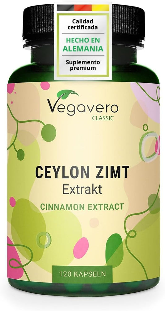 Canela De Ceylan Vegavero | DOSIS ALTA: 2500 Mg | Para 4 Meses | Controla Glucosa - Azúcar En Sangre | Colesterol + Antioxidantes | Sin Aditivos & Vegano | 120 Cápsulas