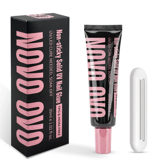 NOVO OVO UV Solid Nail Glue Gel for Press on Nails 30G with Tube Squeezer, Long Lasting Strong Non-Sticky Adhesive for Acrylic Nails, False Nail Tips Extension, HEMA TPO FREE, Need UV Cure for 60S