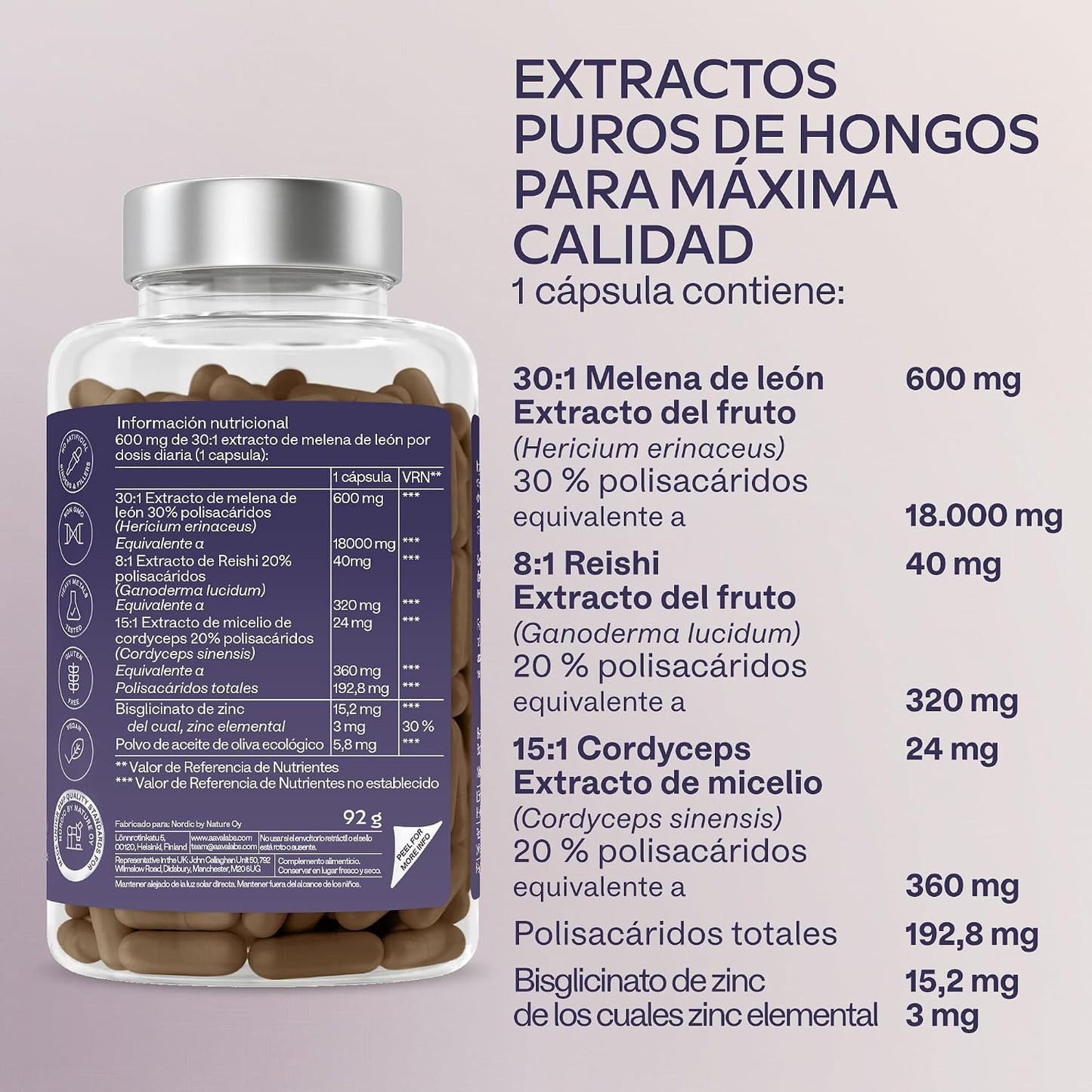 Melena De Leon 18,000Mg (30:1) + Zinc, Reishi & Cordyceps - Alta Potencia Lions Mane Mushroom Pastillas -120 Melena De Leon Capsulas - Nootropicos