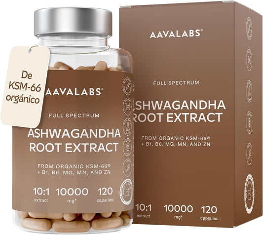 Ashwagandha KSM-66 1000Mg (Proporción De Extracto 10:1 Equivalente a 10,000Mg Por Porción) - 5% De Withanólidos - Ashwagandha Organica Con Magnesio, Manganeso, Zinc Y Vitamina B6, B1-120 Capsulas