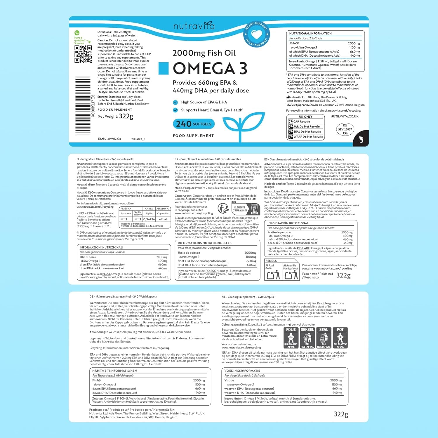 Nutravita Omega 3 2000Mg - Con 660Mg EPA Y 440Mg DHA - 240 Cápsulas Blandas (8 Meses) - Para Corazòn, Función Cerebral & Visiòn (EFSA) Omega 3 Capsulas - Omega3 Suplementos Para Hombres & Mujeres