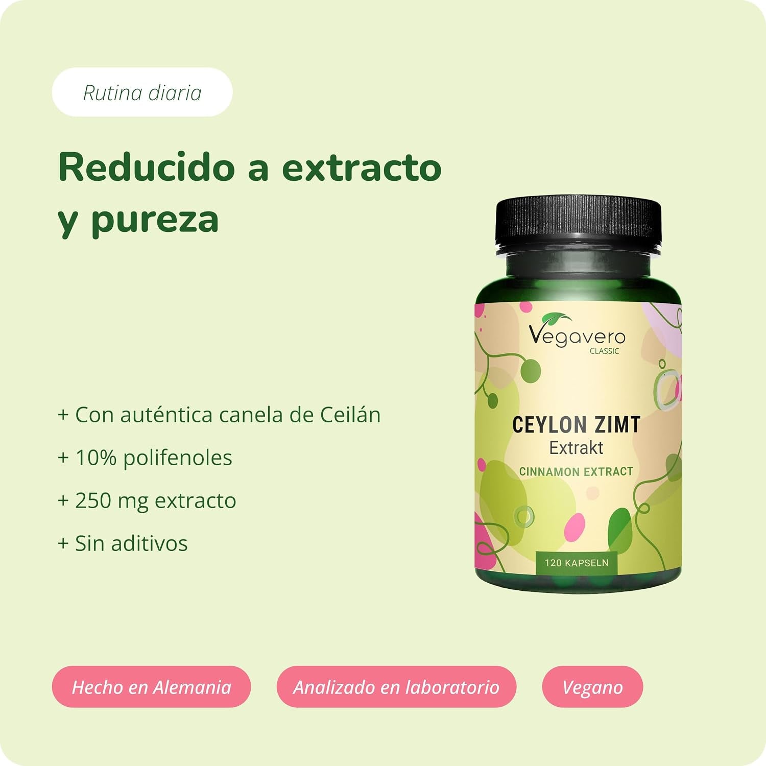 Canela De Ceylan Vegavero | DOSIS ALTA: 2500 Mg | Para 4 Meses | Controla Glucosa - Azúcar En Sangre | Colesterol + Antioxidantes | Sin Aditivos & Vegano | 120 Cápsulas