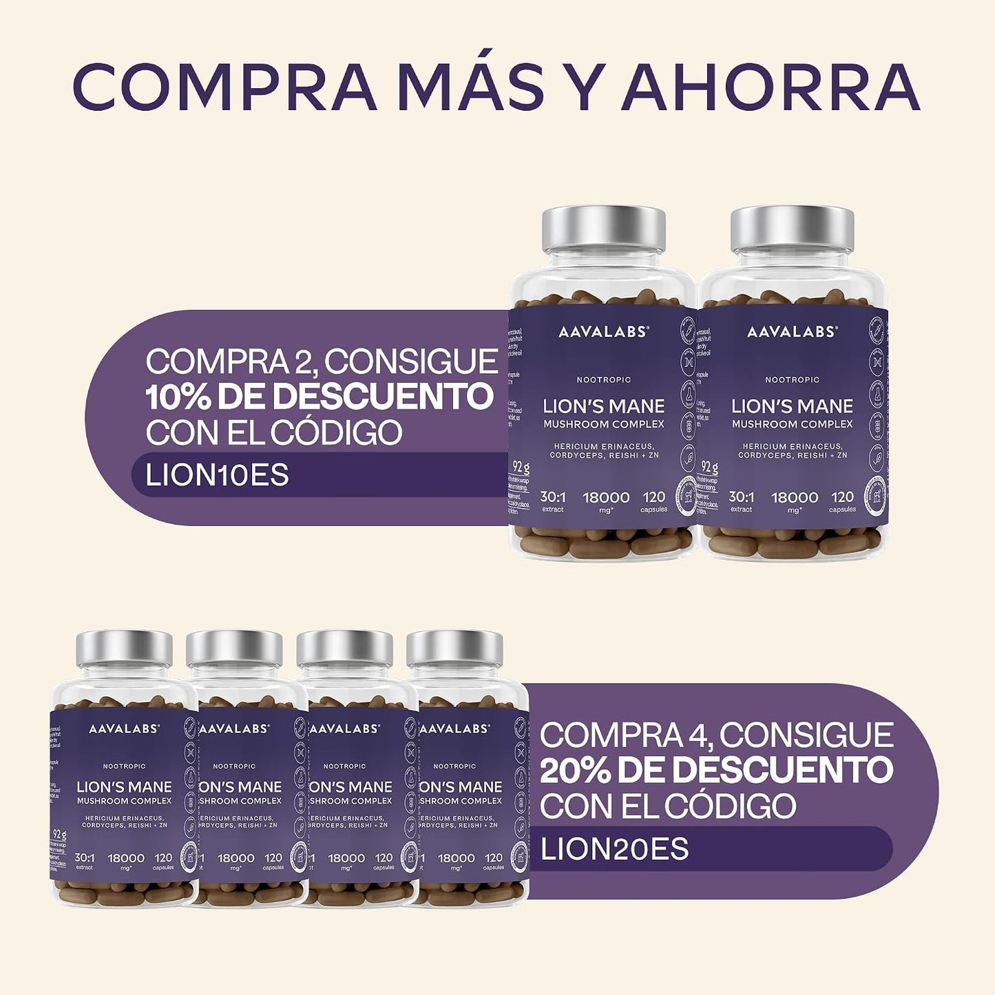 Melena De Leon 18,000Mg (30:1) + Zinc, Reishi & Cordyceps - Alta Potencia Lions Mane Mushroom Pastillas -120 Melena De Leon Capsulas - Nootropicos
