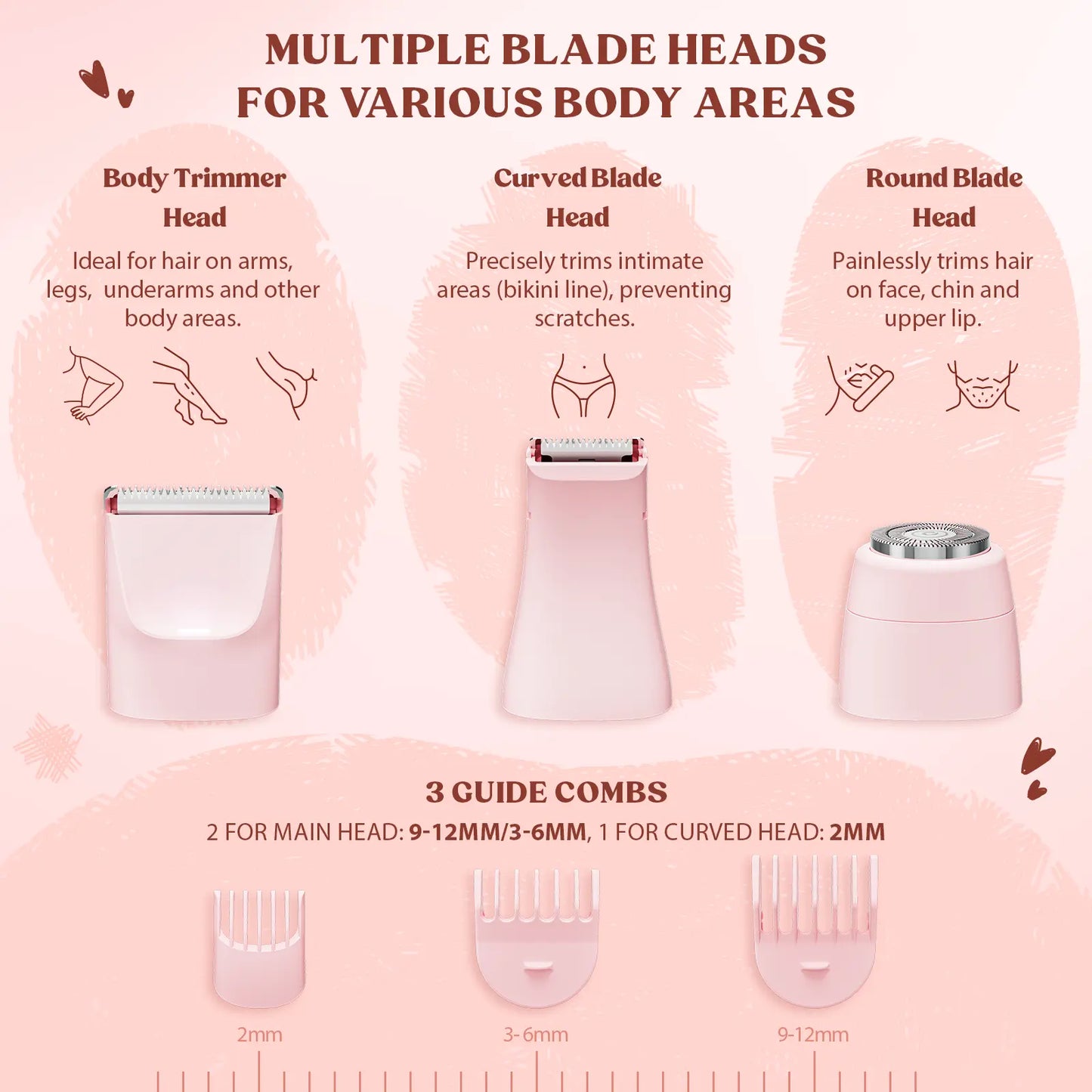 3-In-1 Electric Shaver for Women & Bikini Trimmer, Painless Facial Hair Remover for Wet & Dry Use, IPX6 Waterproof with Hypoallergenic Blades, 120-Min Runtime & 3 Combs, Biknini Trimmer