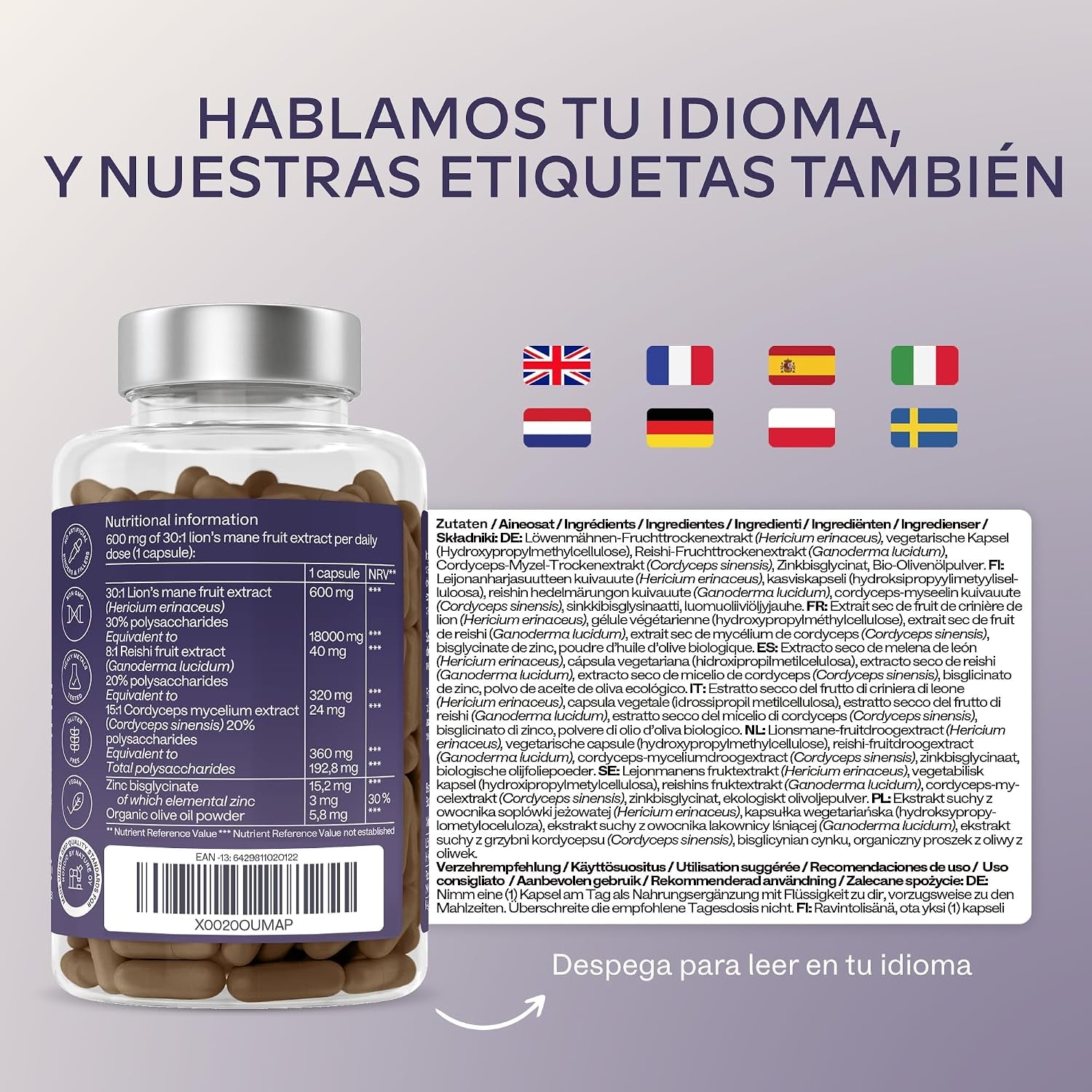 Melena De Leon 18,000Mg (30:1) + Zinc, Reishi & Cordyceps - Alta Potencia Lions Mane Mushroom Pastillas -120 Melena De Leon Capsulas - Nootropicos