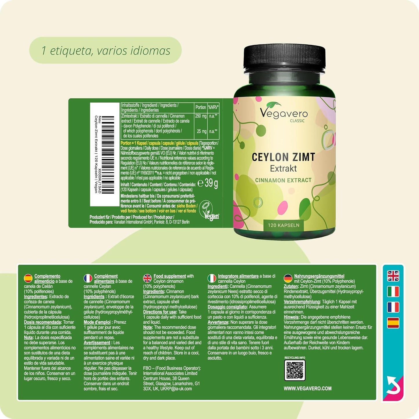 Canela De Ceylan Vegavero | DOSIS ALTA: 2500 Mg | Para 4 Meses | Controla Glucosa - Azúcar En Sangre | Colesterol + Antioxidantes | Sin Aditivos & Vegano | 120 Cápsulas