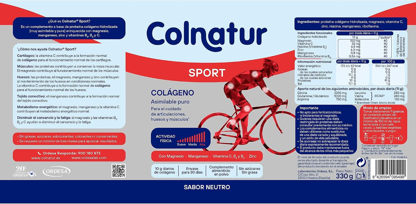 Colnatur Sport Neutro | 330G | Colágeno Con Magnesio, Zinc Y Vitamina C Para Músculos, Huesos Y Articulaciones | Con Magnesio, Zinc Y Vitamina C