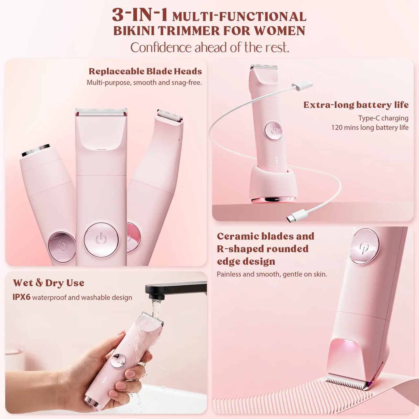 3-In-1 Electric Shaver for Women & Bikini Trimmer, Painless Facial Hair Remover for Wet & Dry Use, IPX6 Waterproof with Hypoallergenic Blades, 120-Min Runtime & 3 Combs, Biknini Trimmer
